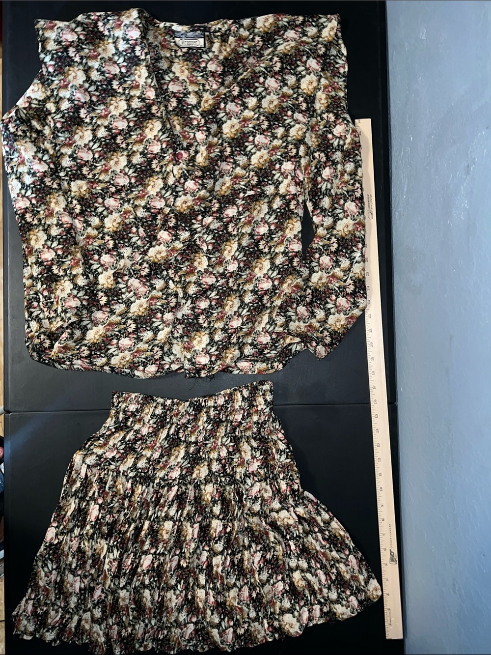 Wrapper Black Floral Wrap Top with Cream & Pink Roses